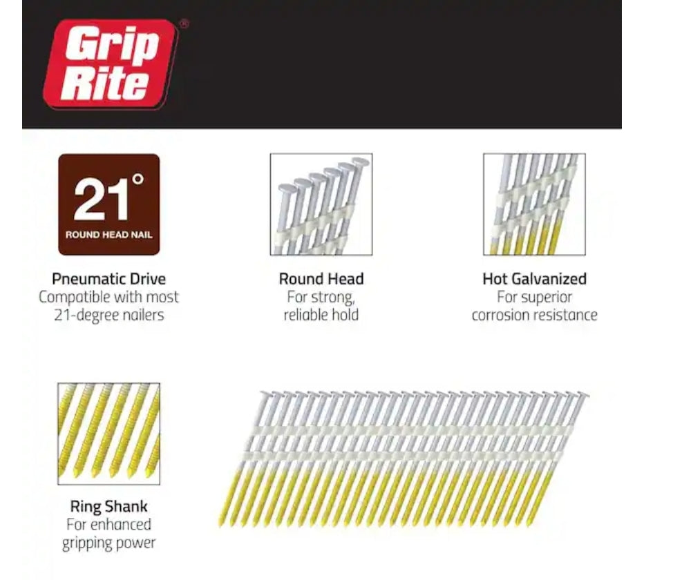Grip-Rite 3 in. x 0.120 in. 21° Plastic Collated Exterior Galvanized Ring Shank Framing Nails 4000 per Box