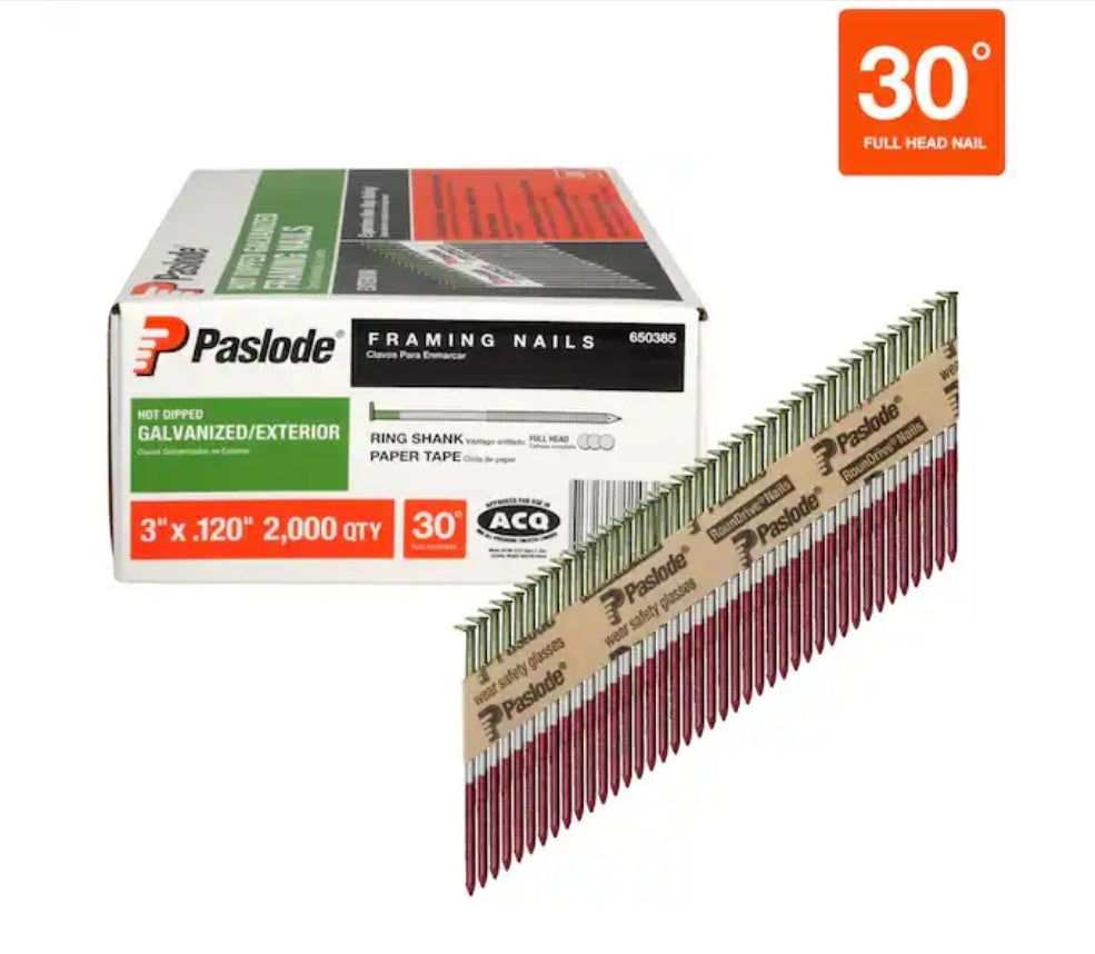 Paslode 3 In. X 0 120 Gauge 30 Degree Galvanized Ring Shank Paper Tape Framing Nails 2000 Per Box
