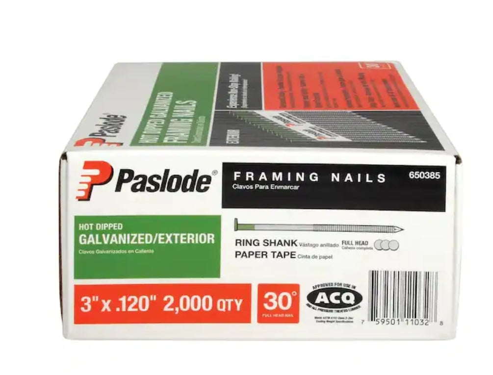 Paslode 3 In. X 0 120 Gauge 30 Degree Galvanized Ring Shank Paper Tape Framing Nails 2000 Per Box