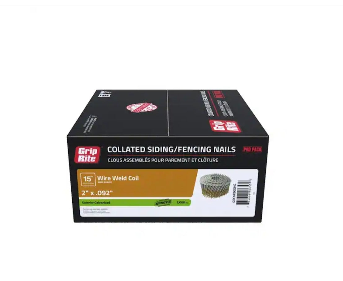Grip- Rite 2 in. x 0.092 in. 15° Exterior Galvanized Wire Collated Ring Shank Nails 3000 per Box