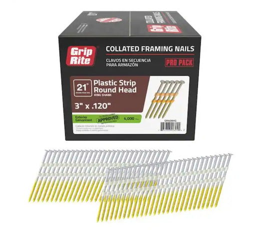 Grip-Rite 3 in. x 0.120 in. 21° Plastic Collated Exterior Galvanized Ring Shank Framing Nails 4000 per Box