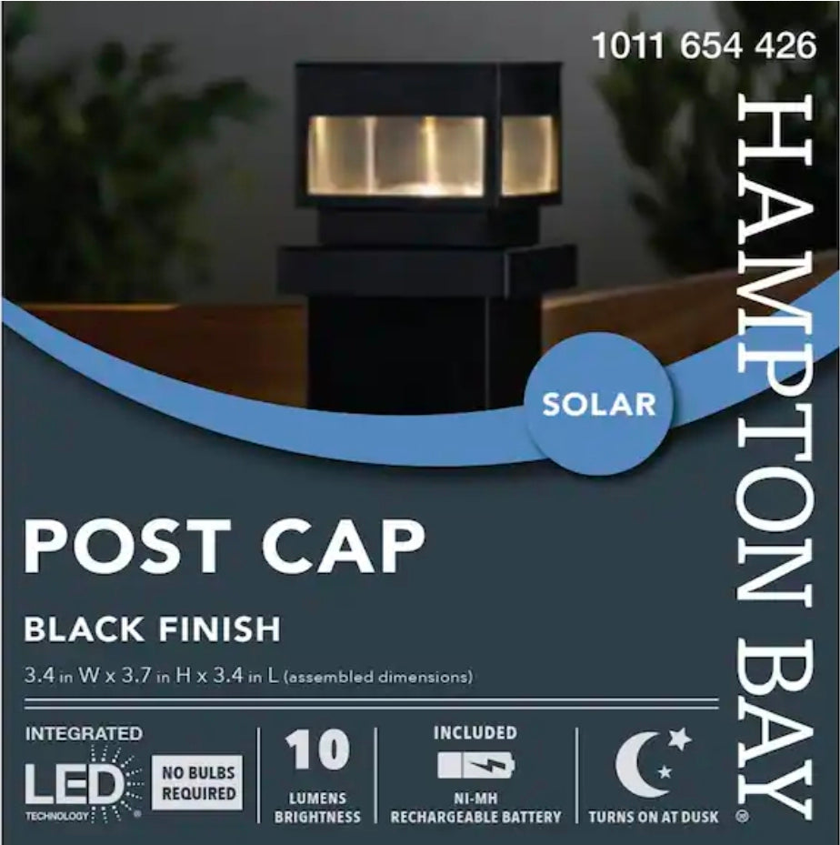 Hampton Bay 10 Lumen Black LED Outdoor Solar 4x4 Deck Post Cap Light Fits 2.5 in. x 2.5 in./3.5 in. x 3.5 in./4 in. x 4 in. Posts
